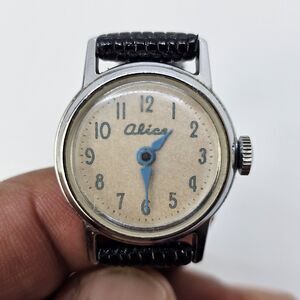 VTG Alice US Time Mechanical Women's Watch Cream Dial 6.5" New Black Lizard Calf